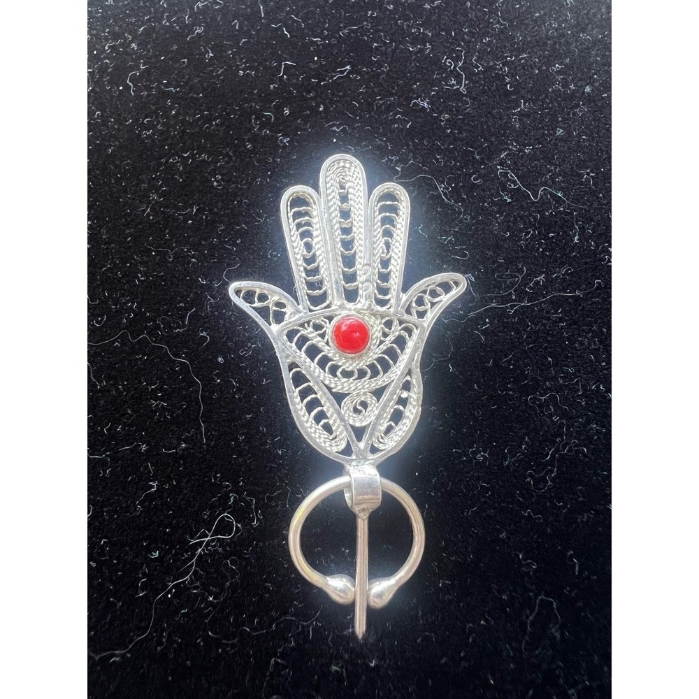 Vtg Hamsa Hand Evil Eye Filigree Stick Pin Silver Tone Red Cabochon‎ Scarf Hat